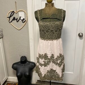 Odd Molly Olive Green and Cream Lace-Embellished Mini Dress